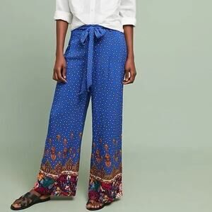 Anthropologie Boho Stylish Royal Blue Printed Wide-Leg Tie-Waist Pants Trousers